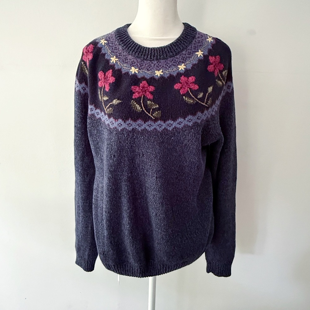Vintage Sweater 90s Women S Floral Fair Isle Embroidered Cottagecore Cabin Comfy
